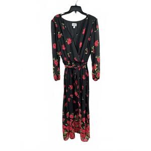 Premier Amour Black Red Rose Floral Long Sleeve Faux Wrap Maxi Dress- Size 16